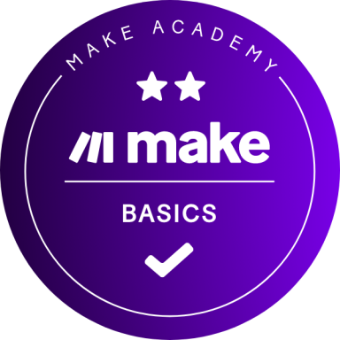 Logo de Make Academy, avec les mots "Basics" et un symbole de vérification.