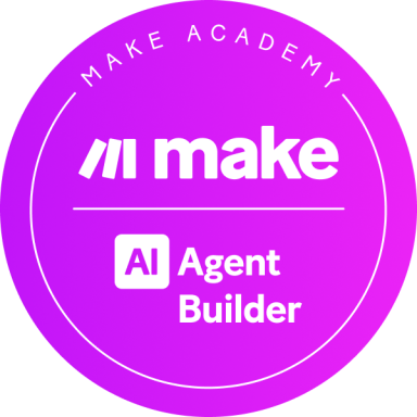 Logo de Make Academy avec le texte "AI Agent Builder" sur fond violet.