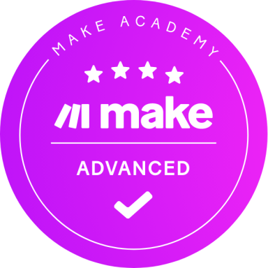 Insigne "Make Academy" avancé avec un fond violet et un symbole de validation.